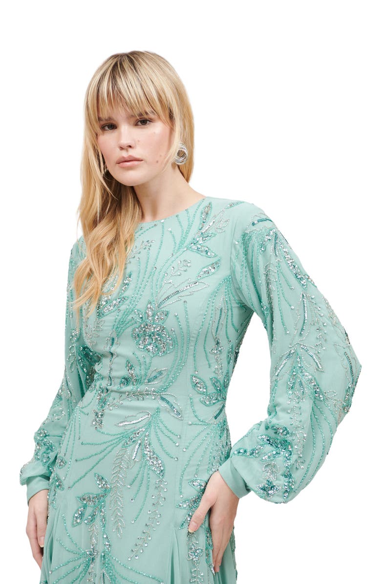 MARYISA Occasion Modest Embellished Sequin Beaded Boat Neck Evening Maxi Dress, Alternate, color, Misty Green