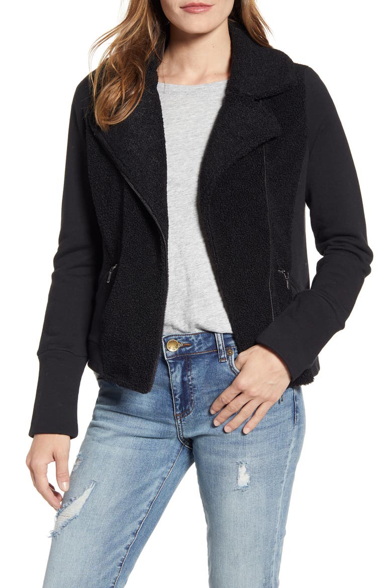 Mixed Fleece Moto Jacket, Main, color, BLACK