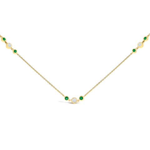 14K Yellow Gold Emerald and 1/2 Ctw Diamond Station Necklace