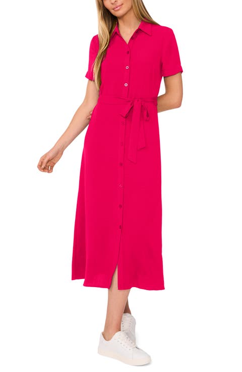 Tie Belt Button-Up Twill Midi Dress