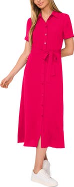 CeCe Tie Belt Button-Up Twill Midi Dress