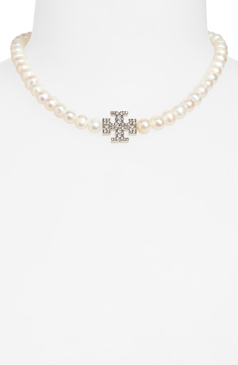 Tory Burch Moondance Pearl and Pavé Necklace, Alternate, color, Tory Silver / Pearl / Crystal