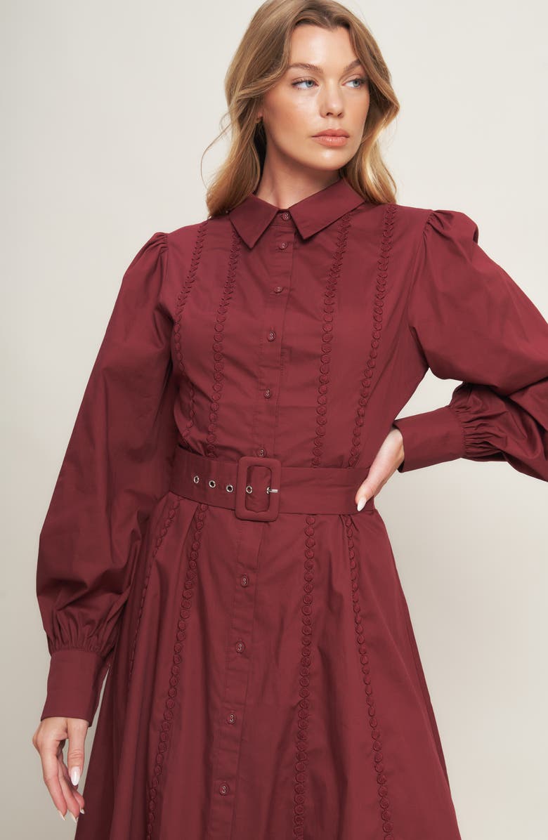 FLYING TOMATO Long Sleeve Solid Midi Shirtdress, Alternate, color, Burgundy