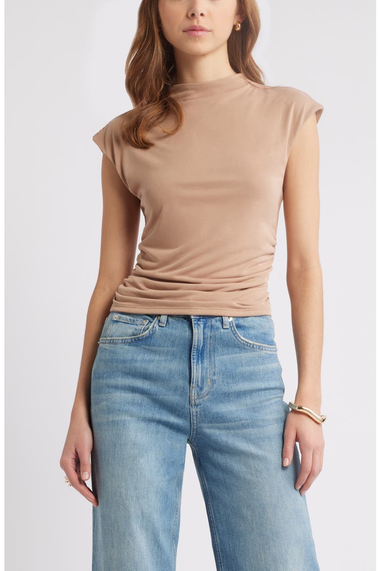 Funnel Neck Cap Sleeve Top, Main, color, TAN NATURAL
