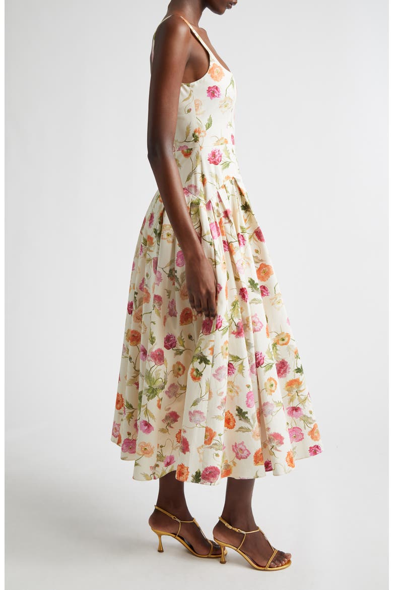 Poppy Print Pleated Drop Wait Stretch Poplin Fit & Flare Dress, Alternate, color, ALMOND MULTI