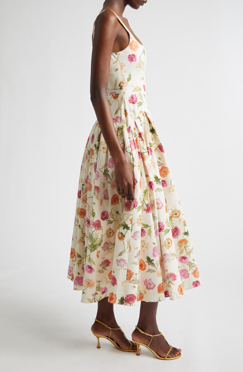 Carolina Herrera Poppy Print Pleated Drop Wait Stretch Poplin Fit & Flare Dress, Alternate, color, Almond Multi