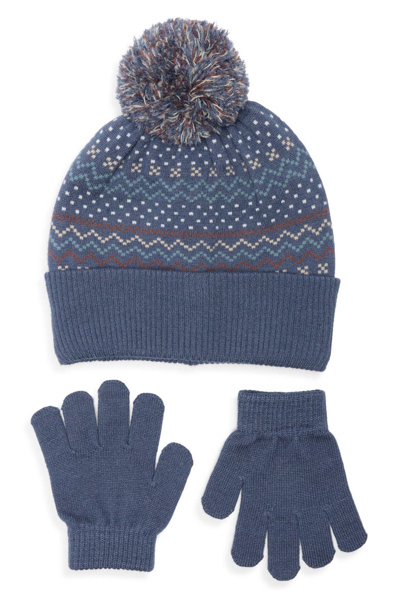 Jacquard Pompom Beanie & Gloves Set, Main, color, DUSK