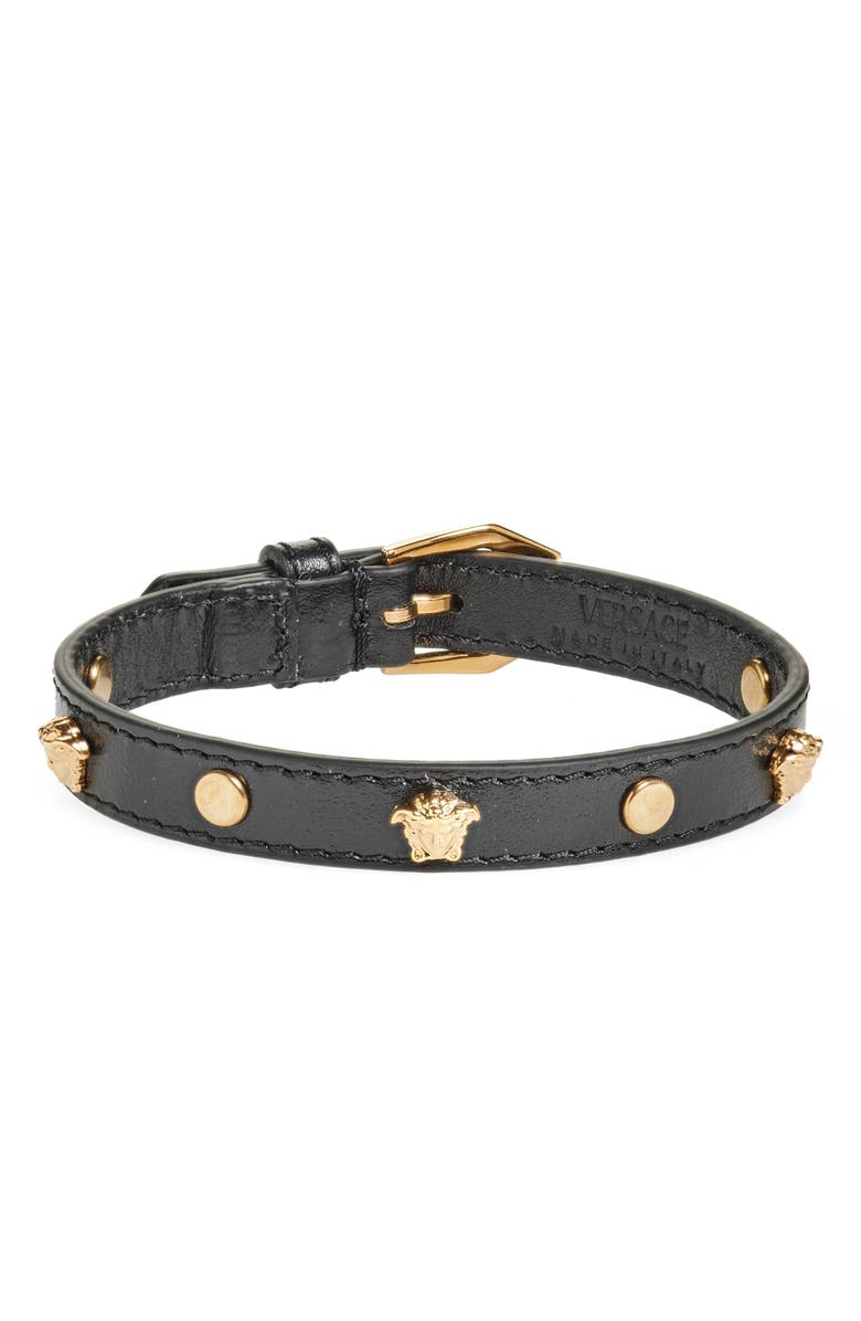 Versace Men's Medusa Studded Leather Bracelet, Main, color, Black-Versace Gold