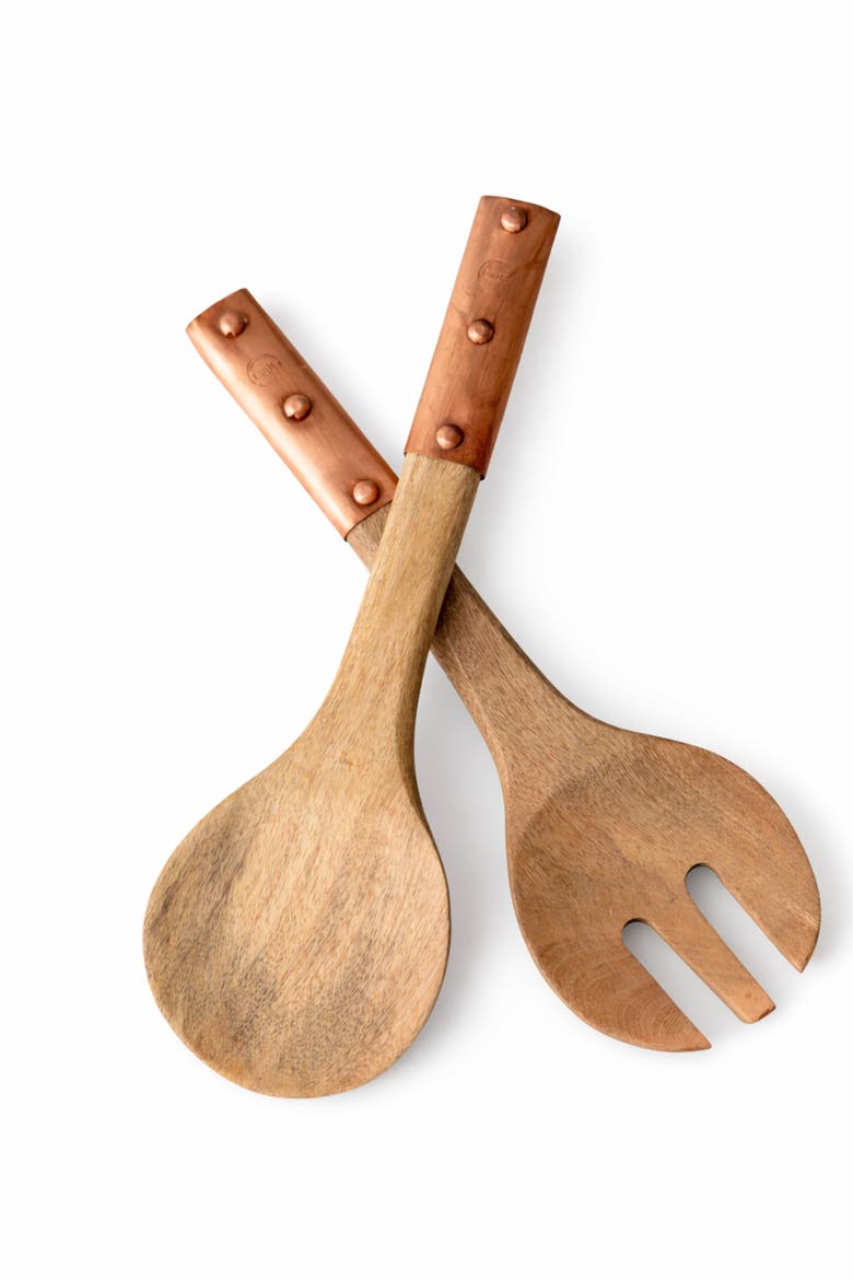 Vintage Inspired Wood Serving Utensils with Copper Strap Handles, Main, color, Brown