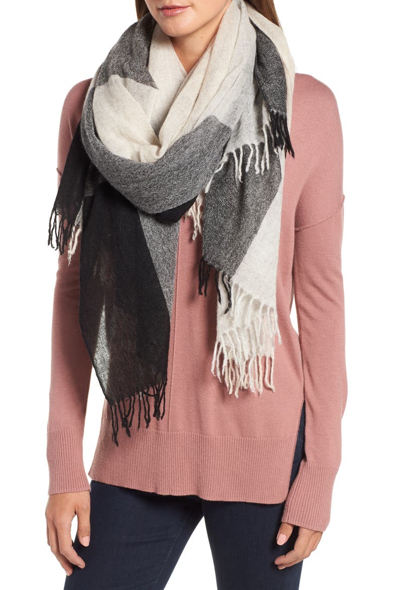 Plaid Cashmere Wrap, Alternate, color, BLACK COMBO
