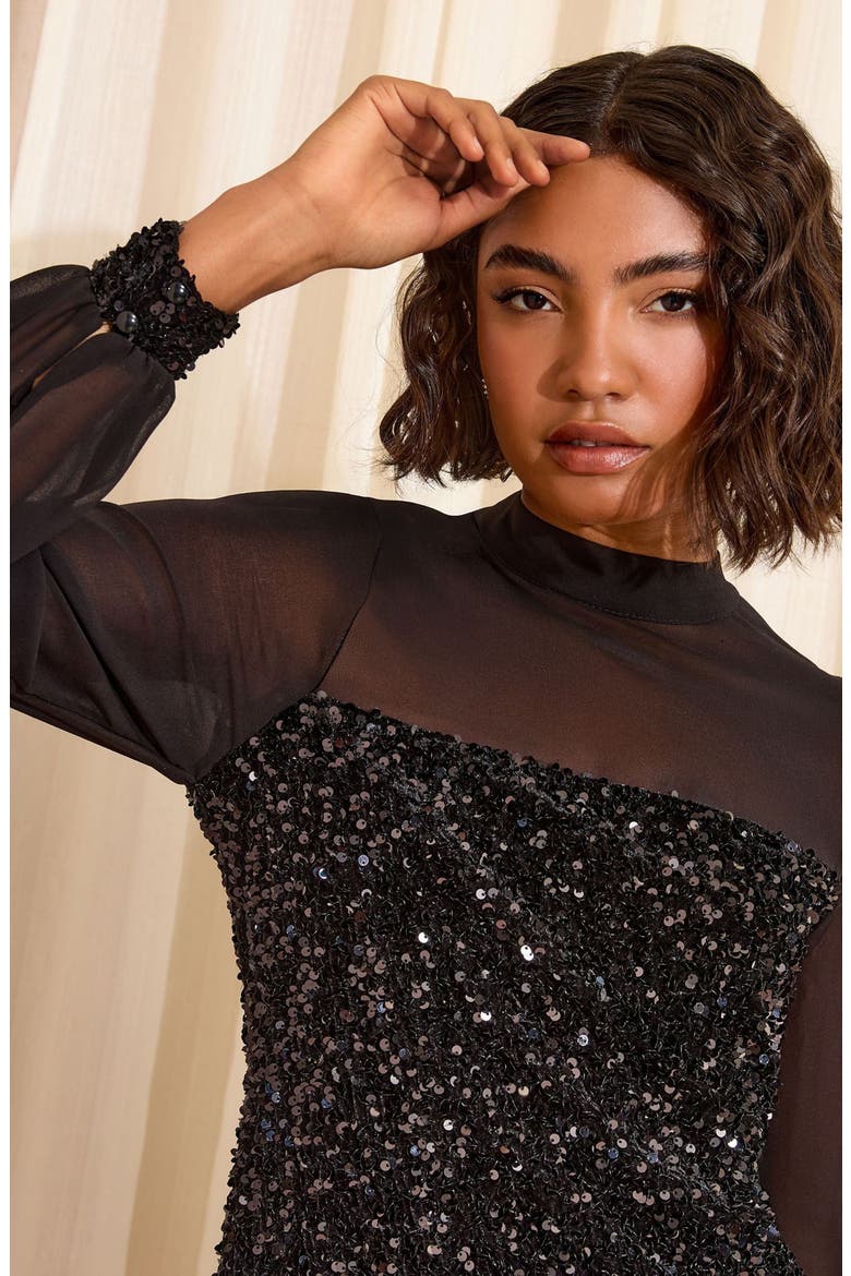 Long Sleeve Sequin & Chiffon Party Dress, Alternate, color, BLACK