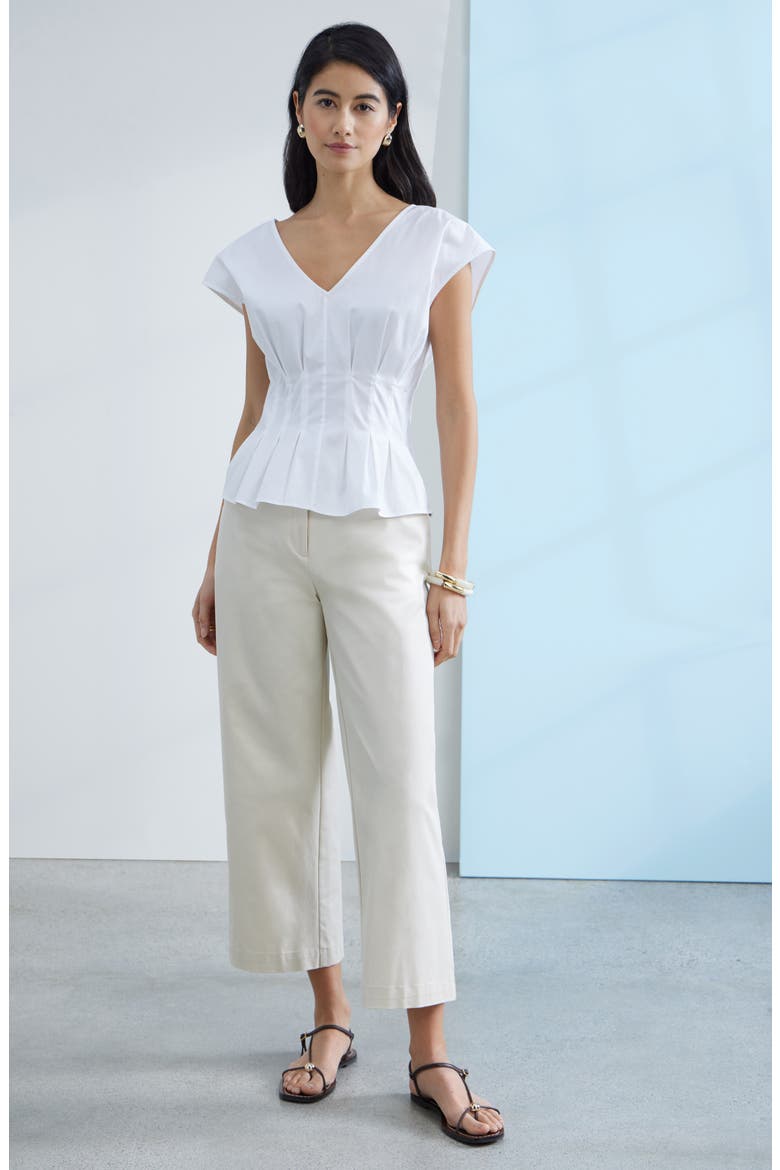 Pleated V-Neck Poplin Top, Alternate, color, WHITE