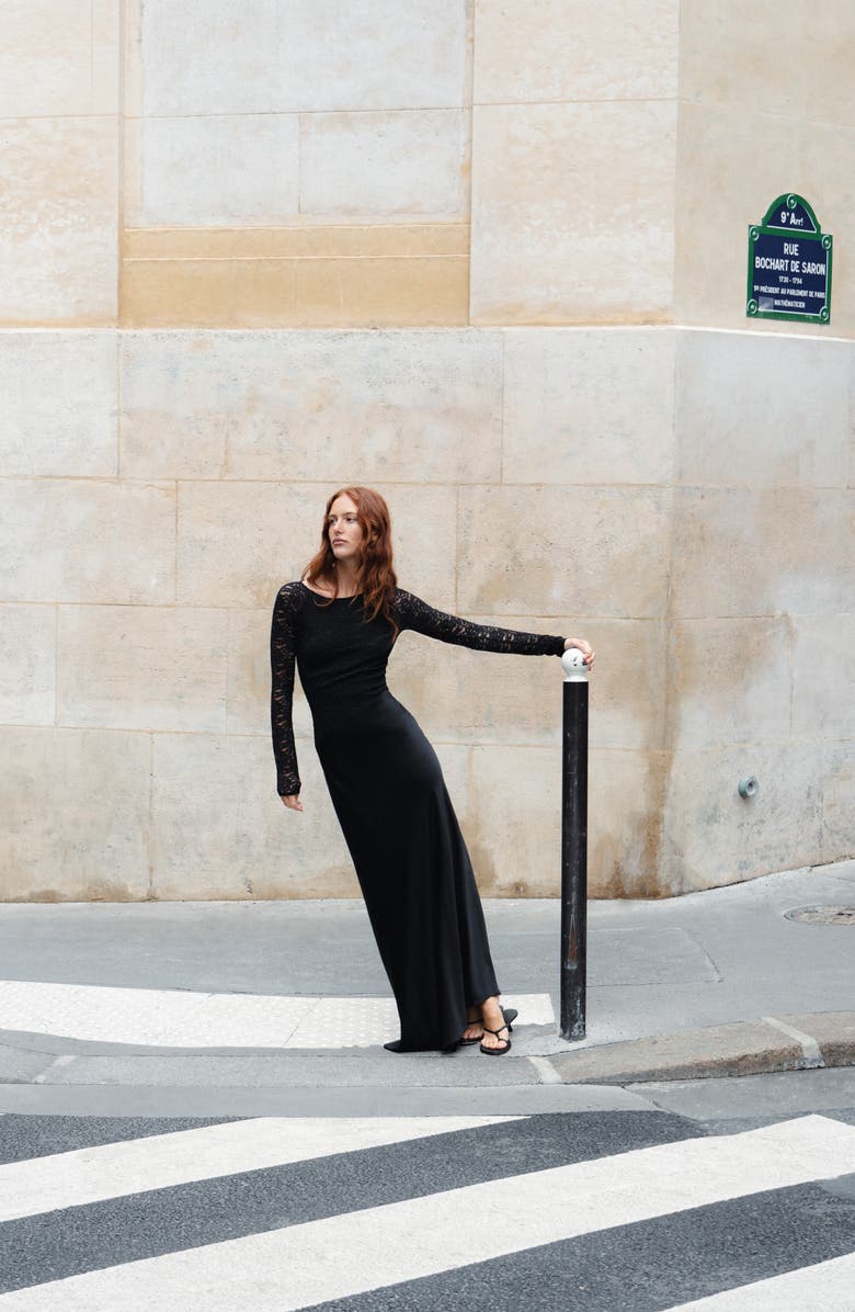 Significant Other Sofiya Long Sleeve Stretch Lace & Satin gown, Alternate, color, Black