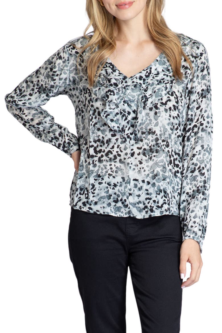 Watercolor Print Ruffle V-Neck Chiffon Top, Main, color, BLACK MULTI