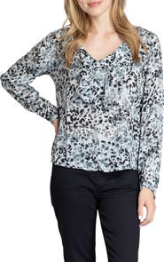 APNY Watercolor Print Ruffle V-Neck Chiffon Top