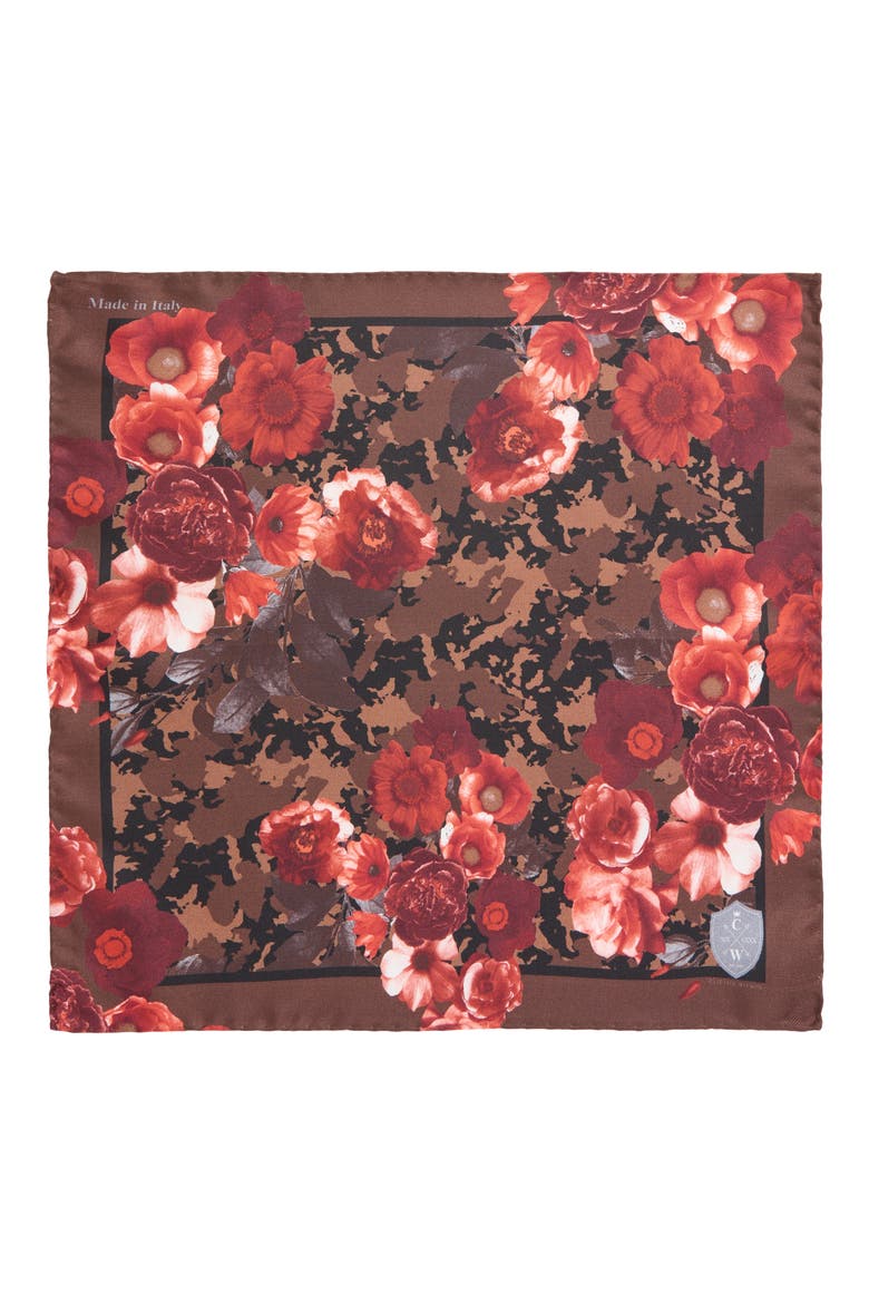 Red & Brown Floral Silk Pocket Square, Alternate, color, RED