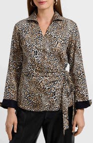 Foxcroft Salina Leopard Print Cotton Poplin Wrap Shirt