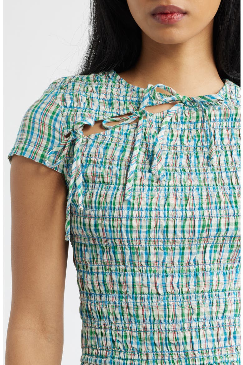Ebba Plaid Cutout Detail Organic Cotton Dress, Alternate, color, TEAL MULTI