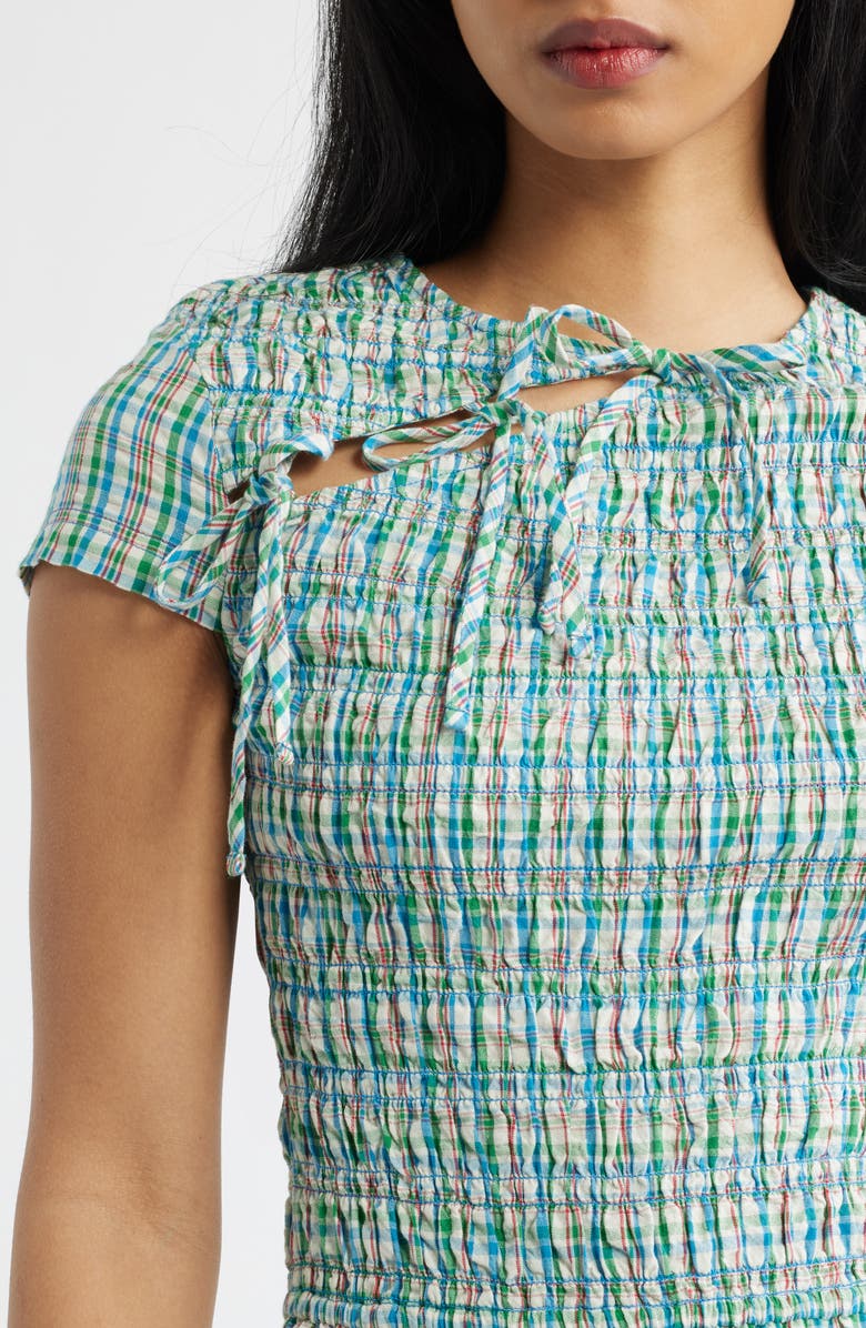 Damson Madder Ebba Plaid Cutout Detail Organic Cotton Dress, Alternate, color, Teal Multi