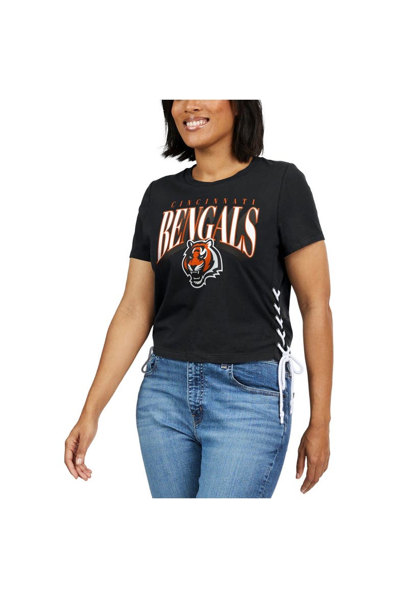Women's WEAR by Erin Andrews Black Cincinnati Bengals Lace Up Side Modest Cropped T-Shirt, Alternate, color, Black