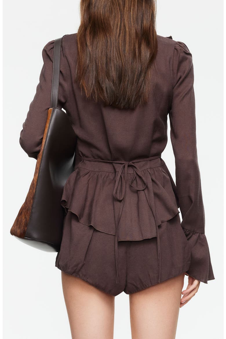 Odette Ruffle Bell Sleeve Tie Back Linen Blend Top, Alternate, color, BROWN
