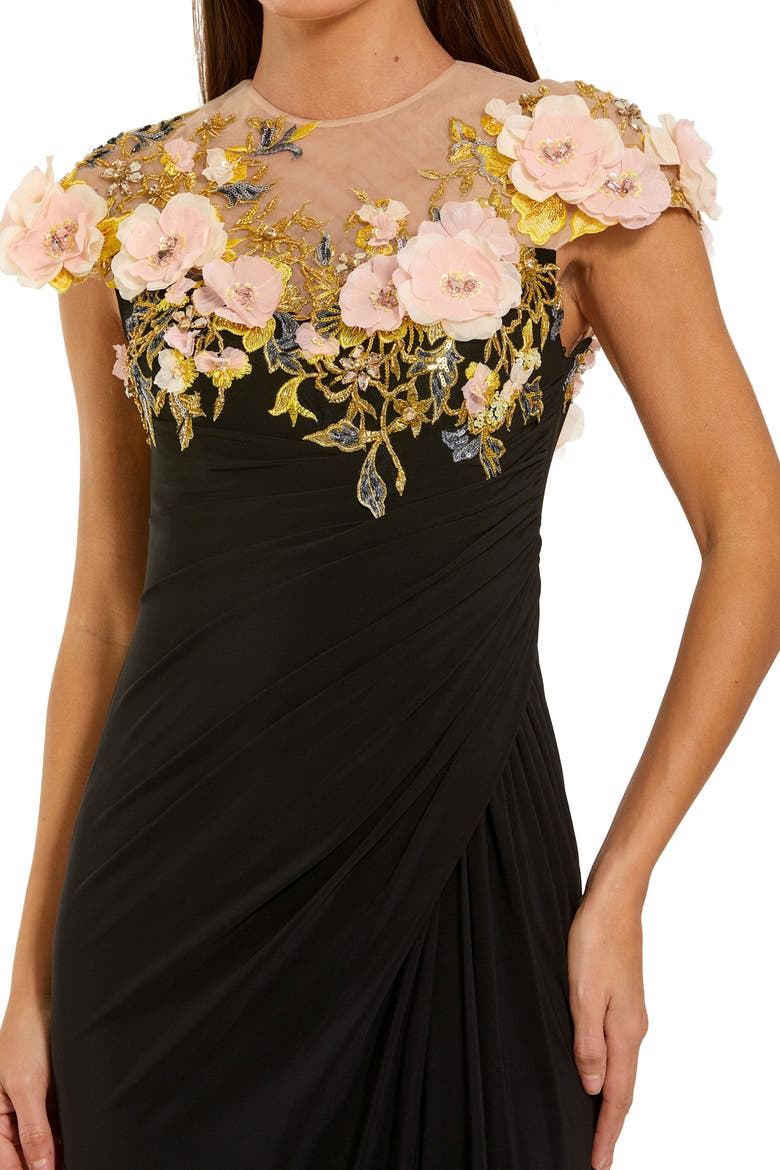 Jersey Column Gown With 3D Flower Embellishments, Alternate, color, Black Multi
