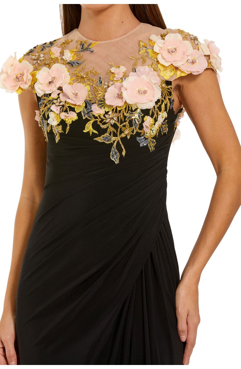 Mac Duggal Jersey Column Gown With 3D Flower Embellishments, Alternate, color, Black Multi