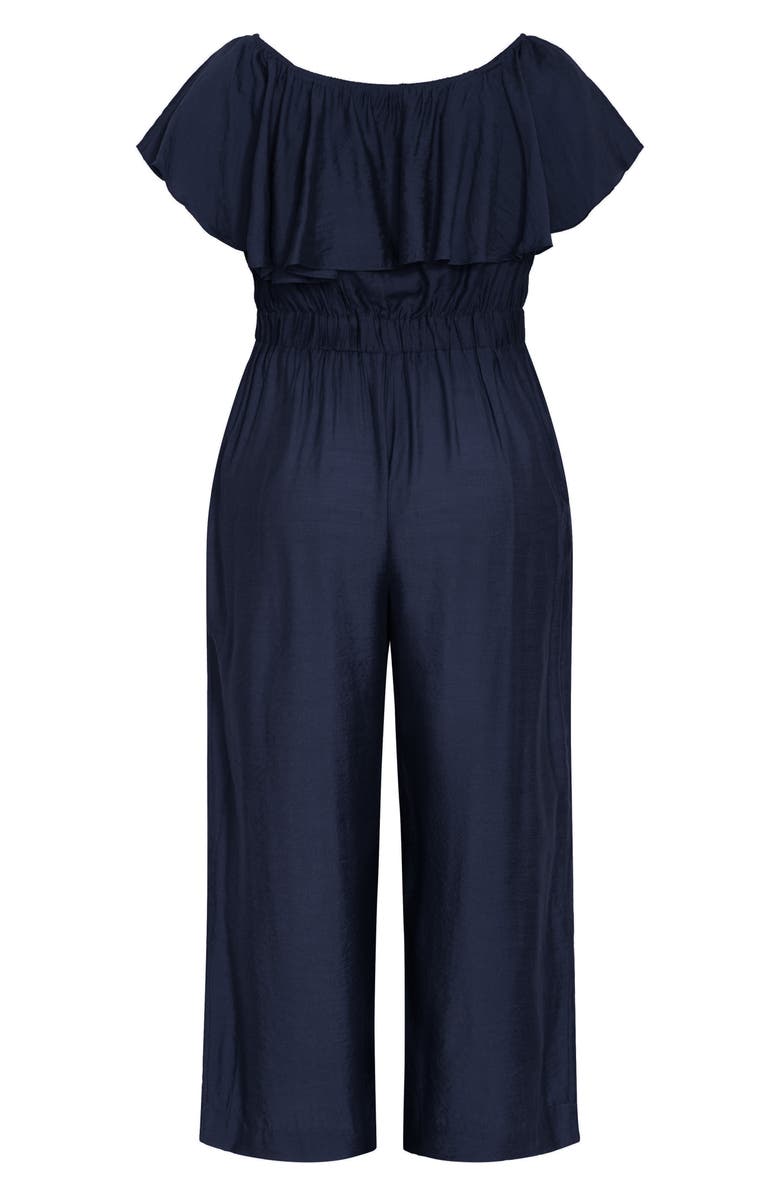 City Chic Serene Ruffle Off the Shoulder Jumpsuit, Alternate, color, Navy