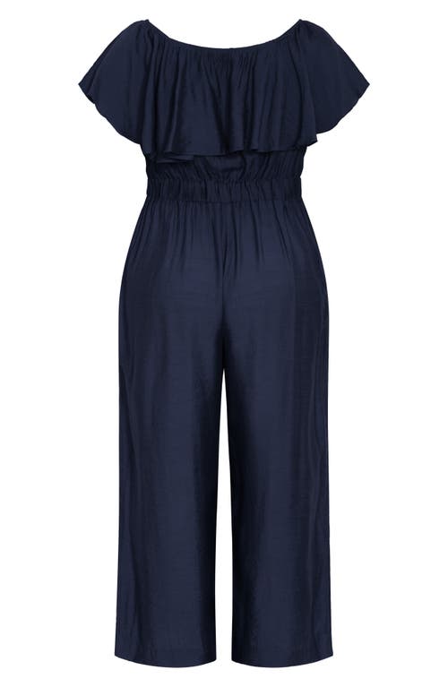 City Chic Serene Ruffle Off The Shoulder Jumpsuit In Blue