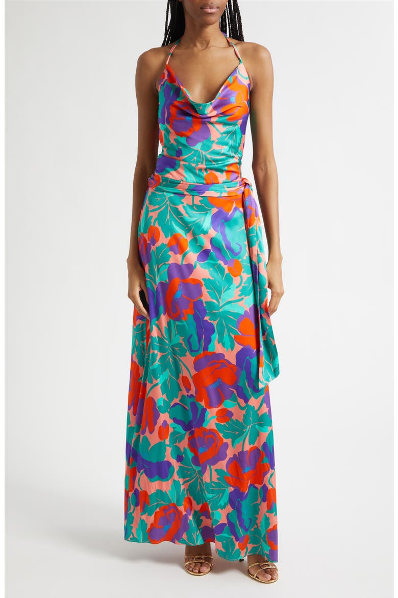 Corrine Floral Halter Neck Satin Gown, Main, color, CORAL FLORAL
