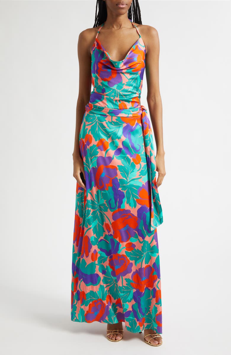 Ramy Brook Corrine Floral Halter Neck Satin Gown, Main, color, Coral Floral