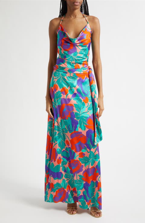 Corrine Floral Halter Neck Satin Gown