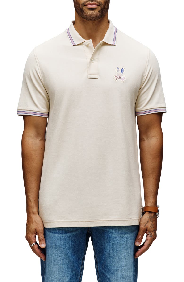 Psycho Bunny Dante Tipped Pima Cotton Piqué Polo, Main, color, White Cap Grey