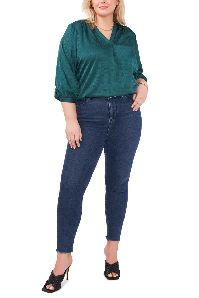 V-Neck Jacquard Blouse, Alternate, color, RICH SPRUCE