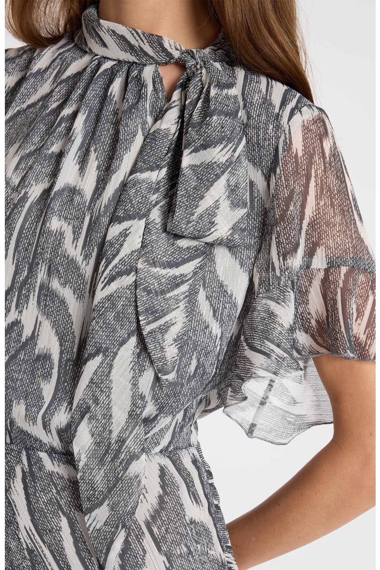 Sabrina Tie Neck Short Sleeve Midi Dress, Alternate, color, Onyx Multi