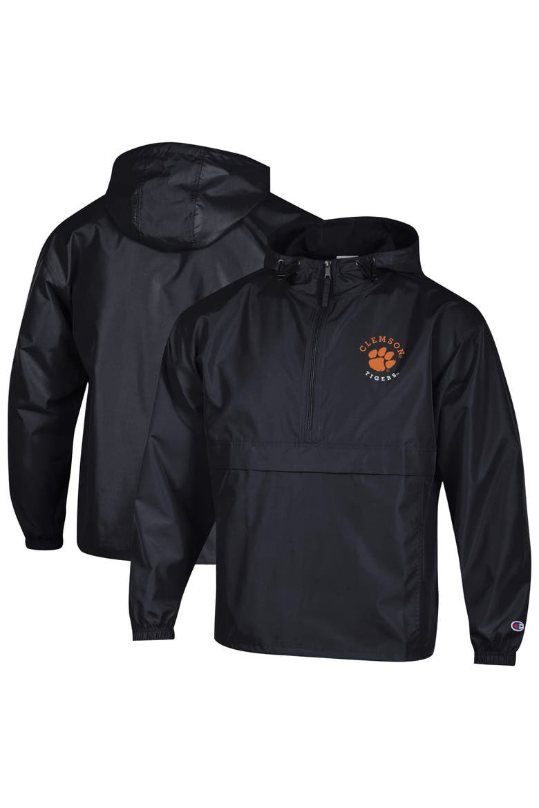 Men's Champion  Black Clemson Tigers Packable Hooded Windbreaker Half-Zip Jacket, Main, color, Black