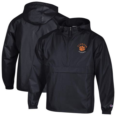 Men's Champion  Black Clemson Tigers Packable Hooded Windbreaker Half-Zip Jacket