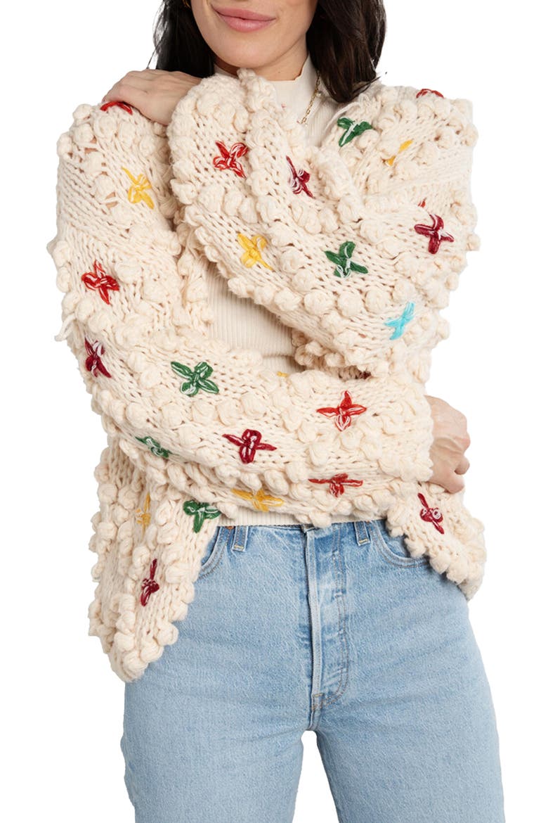 Cross Stitched Pompom Cardigan, Alternate, color, IVORY