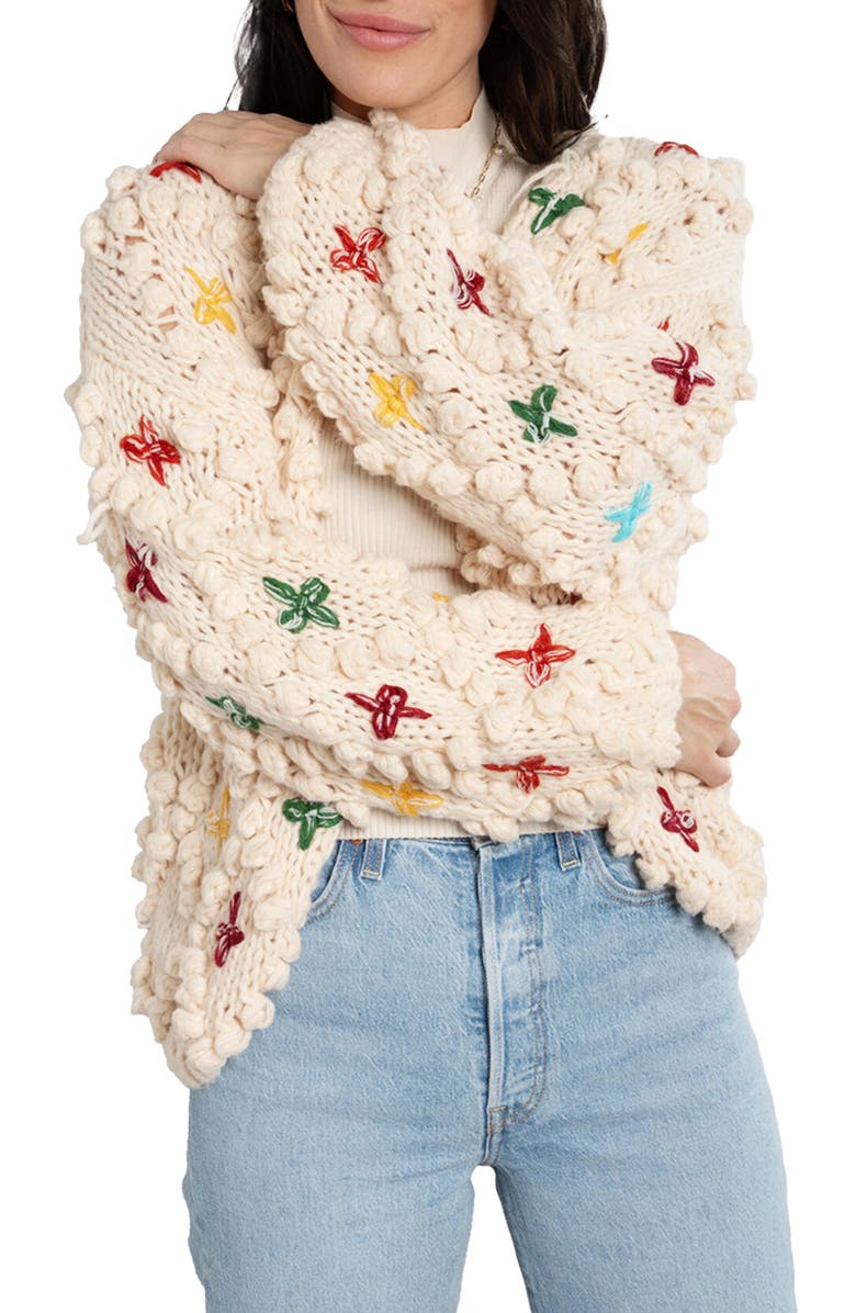 SAACHI Cross Stitched Pompom Cardigan, Alternate, color, Ivory