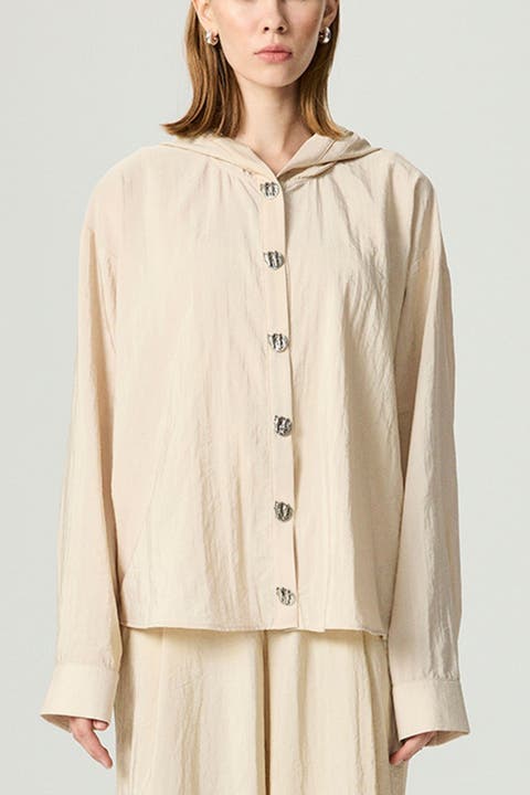 Hooded Shirt with Snap Button Details
