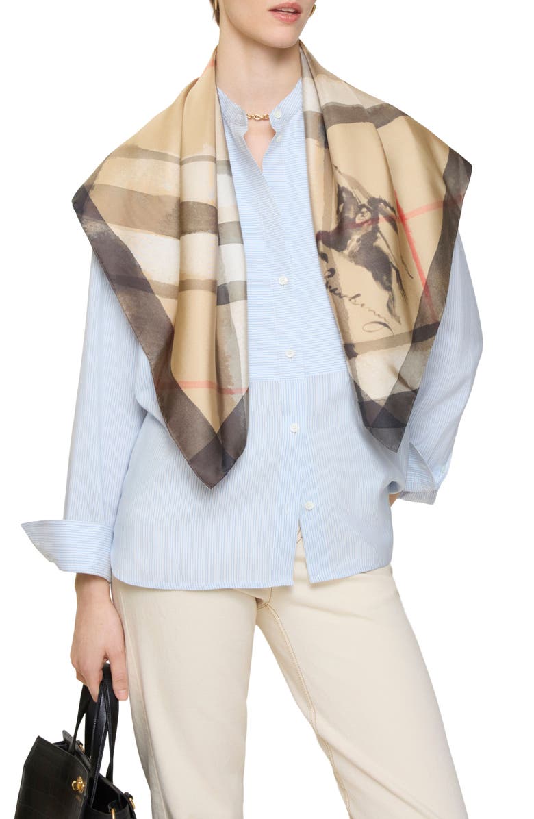 Burberry Check EKD Silk Twill Square Scarf, Alternate, color, Sand
