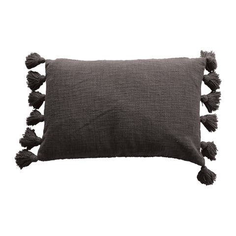 Cotton Slub Lumbar Pillow with Tassels, Iron Color, Cover Only