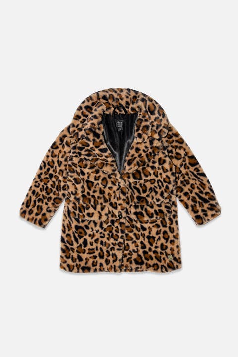 Leopard Faux Fur Button Front Side Pocket Long Coat (toddler, Little Kid & Big Kid)
