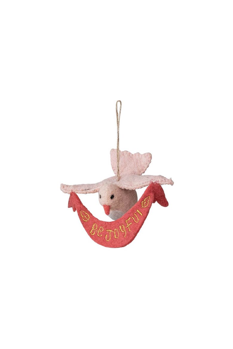 Handmade Wool Felt Dove Ornament with Metallic Gold Thread Embroidery and Banner "Be Joyful", Pink and White, Main, color, Pink
