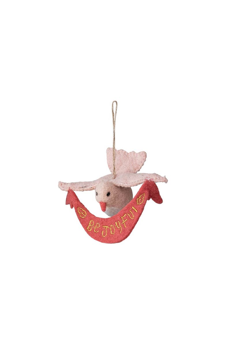 Storied Home Handmade Wool Felt Dove Ornament with Metallic Gold Thread Embroidery and Banner "Be Joyful", Pink and White, Main, color, Pink