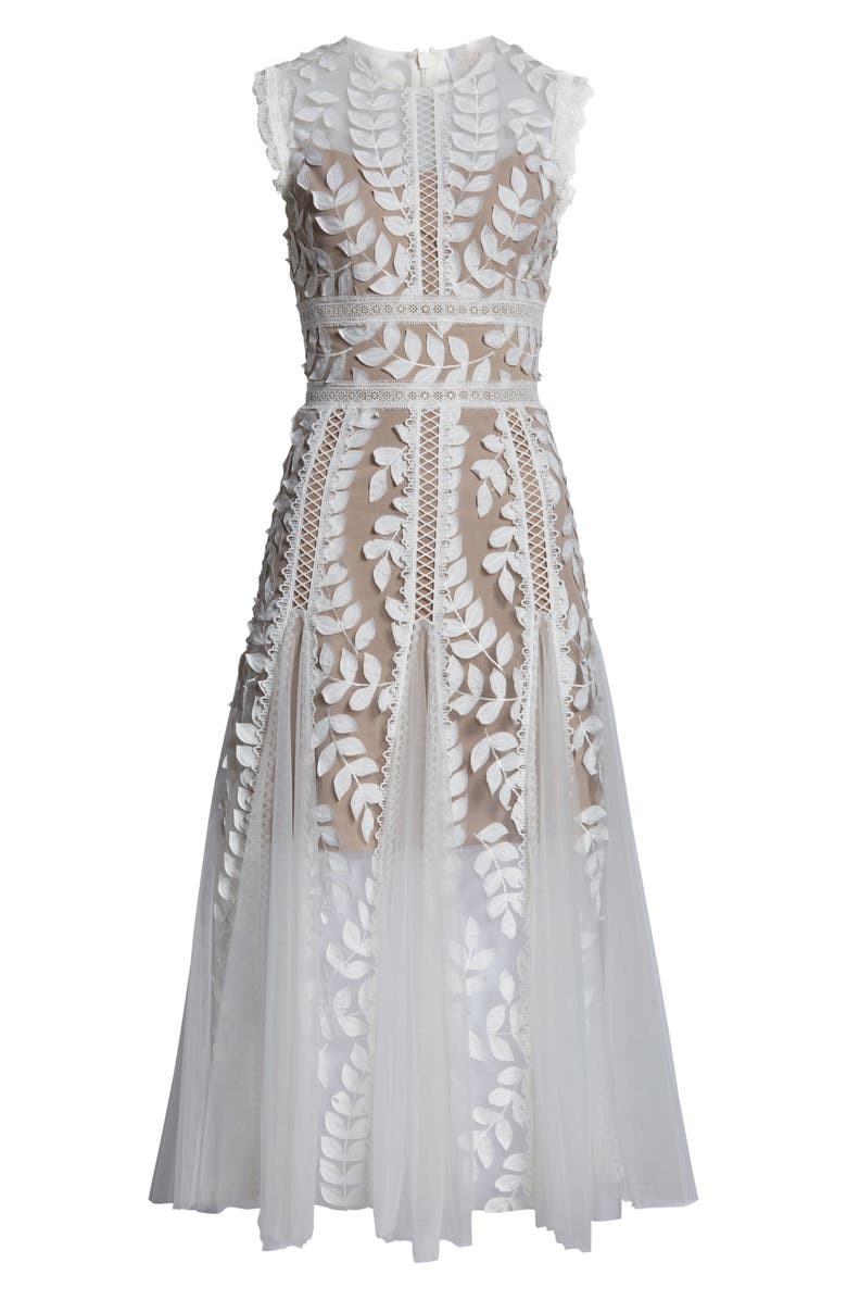 Bronx and Banco Saba Leaf Appliqué Lace Midi Dress, Alternate, color, 