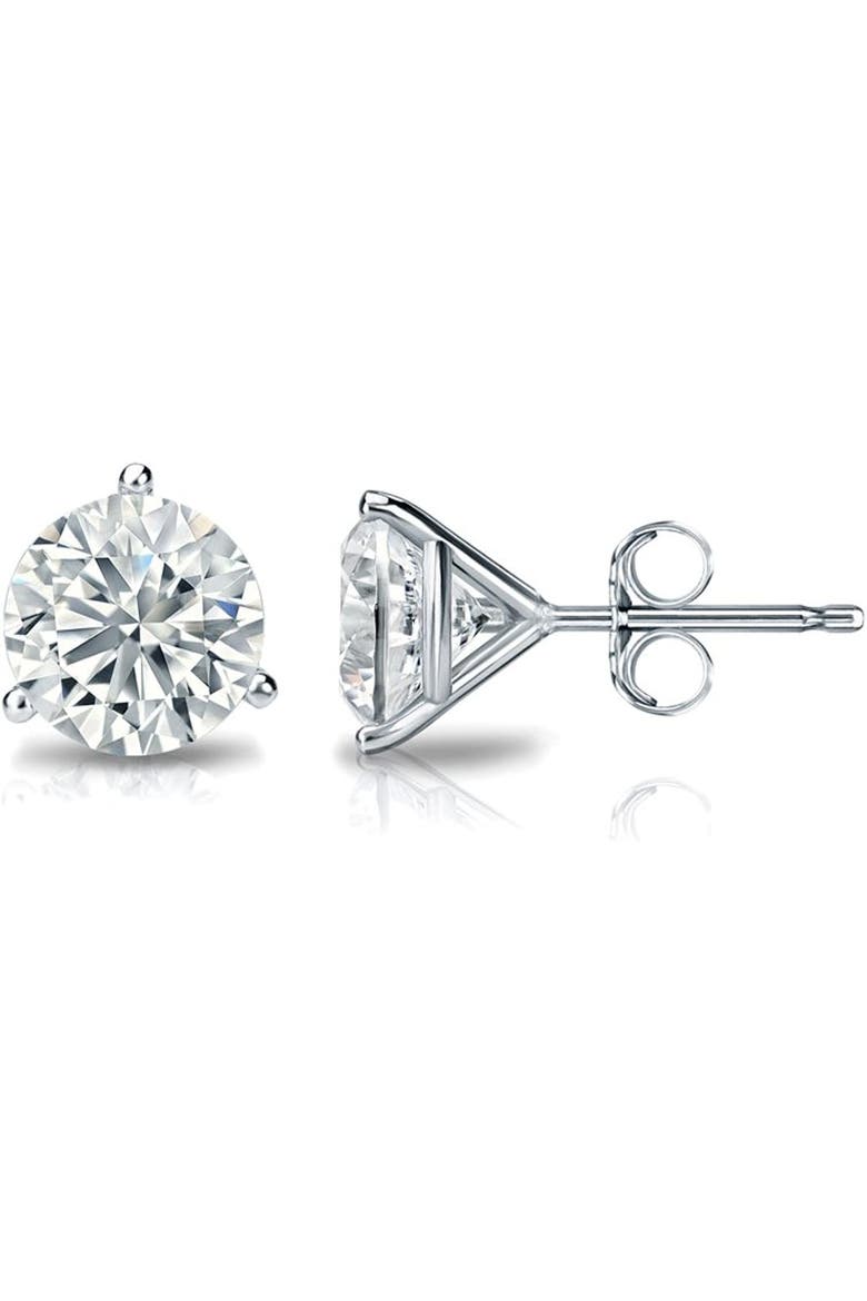 14k White Gold Lab-Grown Round Diamond 3-Prong Stud Earrings, Main, color, 11 Carat  White gold