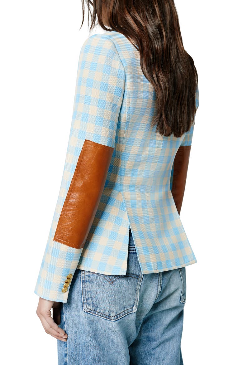 Duchess Leather Elbow Patch Piqué Blazer, Alternate, color, CORNFLOWER CHECK W/ WHSKY LTHR