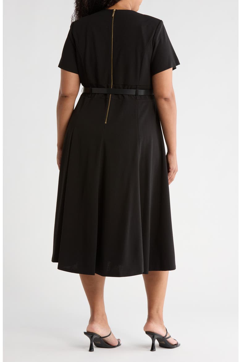 calvin klein belted a line midi dress Short Sleeve Belted A-Line Midi Dress (Women)