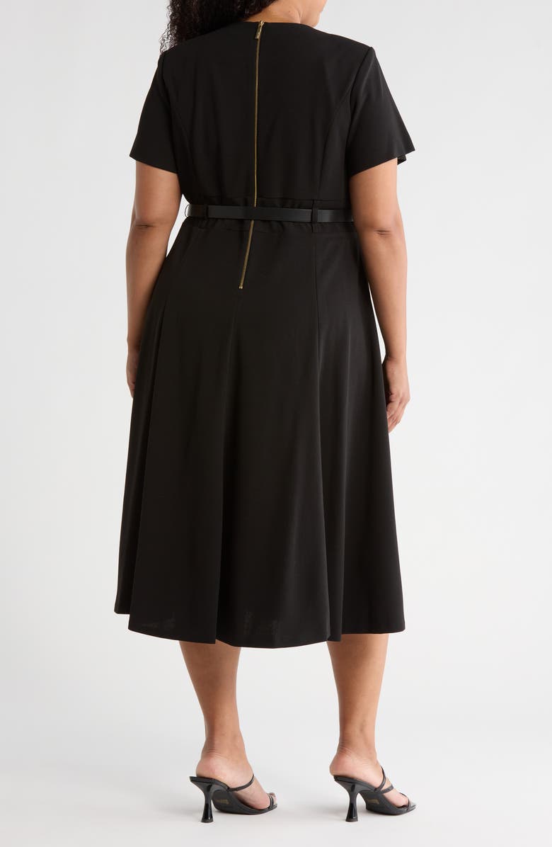 Calvin Klein Short Sleeve Belted A-Line Midi Dress, Alternate, color, Black